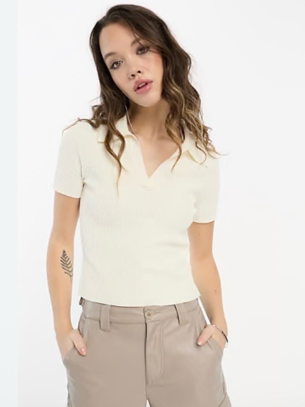 & Other Stories Cream Short-Sleeve Ribbed Polo Top